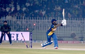 Sri Lanka’s Pathum Nissanka is clean-bowled by Pakistan’s Shaheen Afridi during the T20I Tri-Nation Series final at the Rawalpindi Cricket Stadium.