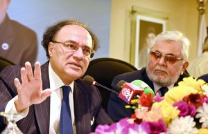 Federal Minister for Finance and Revenue Senator Muhammad Aurangzeb addresses members of the Karachi Chamber of Commerce and Industry (KCCI).