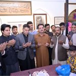 Senior Vice President Chamber of Commerce, Muhammad Murad Arshad along with members of the Executive Body are offering Dua after cutting the cake to celebrate the 148th birth anniversary of Dr. Allama Muhammad Iqbal at Iqbal Munzil