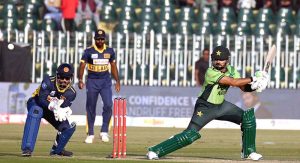 Pakistani batsman Babar Azam plays a shot during the first ODI between Pakistan and Sri Lanka.