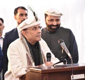 President Asif Ali Zardari addressing a meeting of the Pakistan Peoples Party (PPP) Gilgit-Baltistan chapter at the Governor House.