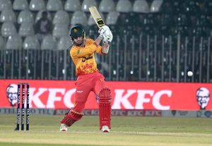 Zimbabwe batsman Tadiwanashe Marumani plays a shot during the Pakistan T20I Tri-Nation Series cricket match against Pakistan in Rawalpindi stadium