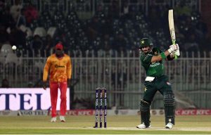 Pakistani batter Sahibzada Farhan plays a shot during the Pakistan T20I Tri-Nation Series cricket match between Zimbabwe and Pakistan at Pindi Cricket Stadium