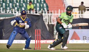 Pakistani batsman Babar Azam plays a shot during the first ODI between Pakistan and Sri Lanka.