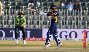 Sri Lanka’s Pathum Nissanka plays a shot during the second one-day international cricket match between Pakistan and Sri Lanka in Rawalpindi.