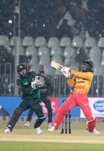 Zimbabwe batsman Tadiwanashe Marumani plays a shot during the Pakistan T20I Tri-Nation Series cricket match against Pakistan in Rawalpindi stadium