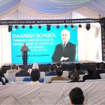 Prime Minister Muhammad Shehbaz Sharif addresses the groundbreaking ceremony of Danish School in Harighel-Bagh in Azad Jammu Kashmir
