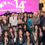 Defense Minister Khawaja Muhammad Asif in a group photograph with successful students and faculty members during the 14th convocation of Shadab Girls College