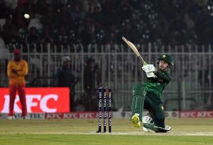 Pakistani batter Sahibzada Farhan plays a shot during the Pakistan T20I Tri-Nation Series cricket match between Zimbabwe and Pakistan at Pindi Cricket Stadium
