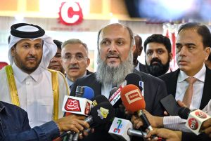 Federal Commerce Minister Jam Kamal Khan talking to the media during visit the 3rd International Food and Agriculture Exhibition, FoodAg 2025, held for three days at the Expo Center.