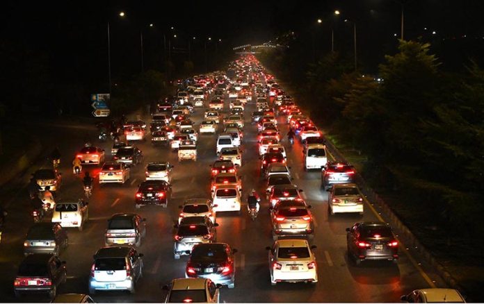 A view of massive traffic jam at Expressway in the Federal Capital