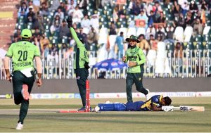 Sri Lanka’s Pathum Nissanka plays a shot during the second one-day international cricket match between Pakistan and Sri Lanka in Rawalpindi.