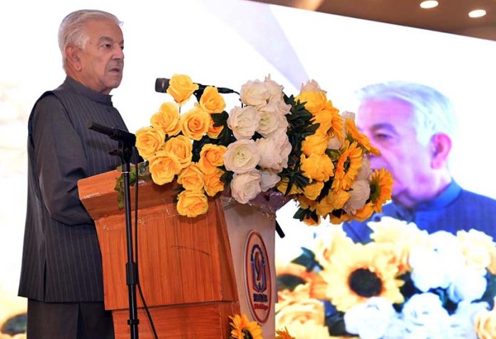 Defense Minister Khawaja Muhammad Asif is addressing the 14th convocation of Shadab Girls College