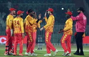 Pakistani batter Sahibzada Farhan plays a shot during the Pakistan T20I Tri-Nation Series cricket match between Zimbabwe and Pakistan at Pindi Cricket Stadium