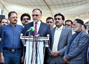 Federal Minister for Planning, Development and Special Initiatives Ahsan Iqbal receiving a briefing on the Green Line Project from officials
