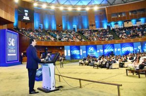 Acting President Syed Yousuf Raza Gilani addressing the closing session of the School of Tomorrow (SOT) Conference held in connection with the Golden Jubilee celebrations of the Beaconhouse School System