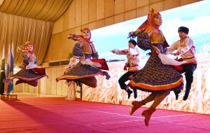 Russian artists showing their performance during a ceremony marking the People’s Unity Day of the Russian Federation at a local hotel