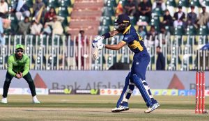 Sri Lanka’s Pathum Nissanka plays a shot during the second one-day international cricket match between Pakistan and Sri Lanka in Rawalpindi.