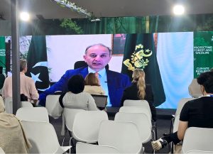 Federal Minister for Climate Change and Environmental Coordination, Senator Dr Musadik Masood Malik, delivers his keynote address virtually at a high-level side event titled "Building Green Skills for a Sustainable Pakistan," held at the Pakistan Pavilion during the UN Climate Summit (COP-30)
