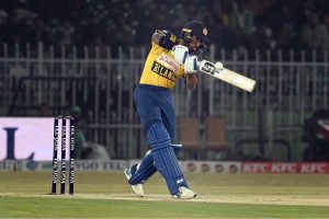 Sri Lankan batter Kamil Mishara plays a shot during the T20I Tri-Nation Series match between Sri Lanka and Pakistan at Pindi Cricket Stadium