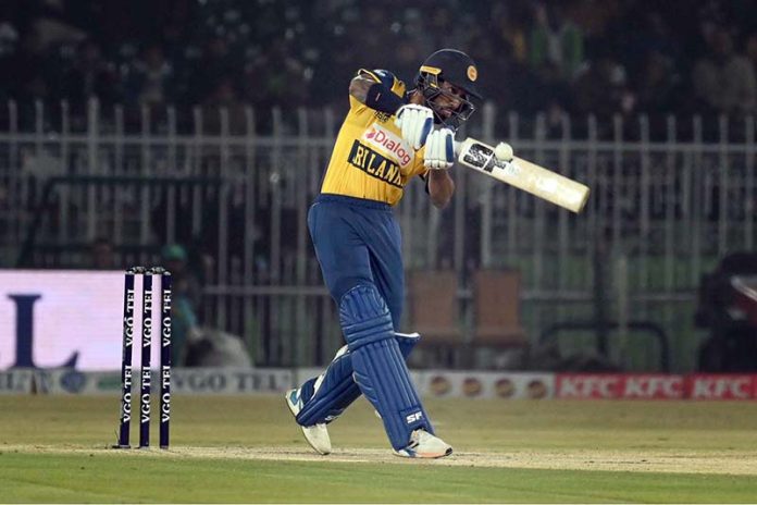 Sri Lankan batter Kamil Mishara plays a shot during the T20I Tri-Nation Series match between Sri Lanka and Pakistan at Pindi Cricket Stadium