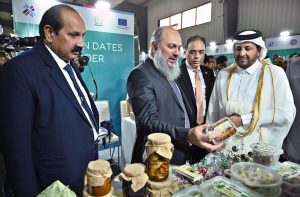 Federal Commerce Minister Jam Kamal Khan talking to the media during visit the 3rd International Food and Agriculture Exhibition, FoodAg 2025, held for three days at the Expo Center.