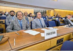 Federal Minister for Maritime Affairs, Muhammad Junaid Anwar Chaudhry, addresses a high-level breakfast reception at IMO Headquarters in London, UK.