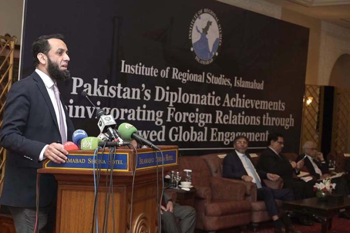 Federal Minister for Information and Broadcasting, Attaullah Tarar addresses a seminar on 'Pakistan’s Diplomatic Achievements, Reinvigorating Foreign Relations through Renewed Global Engagement' organized by Institute of Regional Studies at a local hotel
