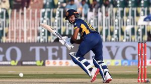 Sri Lanka’s Pathum Nissanka plays a shot during the second one-day international cricket match between Pakistan and Sri Lanka in Rawalpindi.