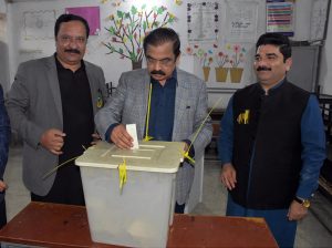 Senator Rana Sana Ullah Khan, Advisor to the Prime Minister on Political and Public Affairs casts his vote during the by-elections 2025 polling