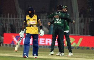 Sri Lankan batter Kamil Mishara plays a shot during the T20I Tri-Nation Series match between Sri Lanka and Pakistan at Pindi Cricket Stadium