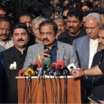 Senator Rana Sana Ullah Khan, Advisor to the Prime Minister on Political and Public Affairs, speaks to media after casting his vote during the by-elections 2025 polling