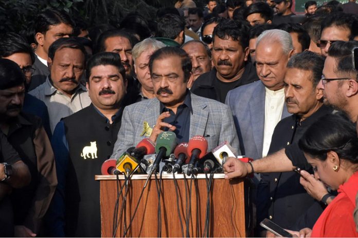 Senator Rana Sana Ullah Khan, Advisor to the Prime Minister on Political and Public Affairs, speaks to media after casting his vote during the by-elections 2025 polling
