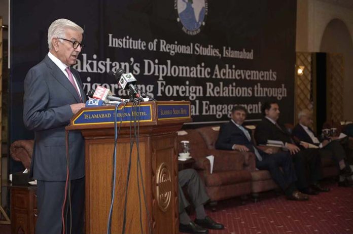 Defence Minister, Khawaja Asif addresses a seminar on 'Pakistan’s Diplomatic Achievements Reinvigorating Foreign Relations through Renewed Global Engagement' organized by Institute of Regional Studies at a local hotel