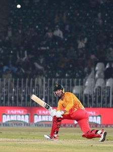 Zimbabwe batsman Tadiwanashe Marumani plays a shot during the Pakistan T20I Tri-Nation Series cricket match against Pakistan in Rawalpindi stadium