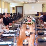 Federal Minister for Finance and Revenue, Senator Muhammad Aurangzeb holding a meeting with a 13-member delegation from the Revenue Mobilisation Allocation and Fiscal Commission (RMAFC) of Nigeria, led by Barrister Imo Effiong Akpan, Federal Commissioner, at the Finance Division