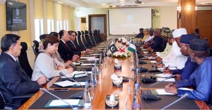 Federal Minister for Finance and Revenue, Senator Muhammad Aurangzeb holding a meeting with a 13-member delegation from the Revenue Mobilisation Allocation and Fiscal Commission (RMAFC) of Nigeria, led by Barrister Imo Effiong Akpan, Federal Commissioner, at the Finance Division