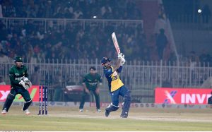 Sri Lanka’s Kusal Mendis plays a shot during the T20I Tri-Nation Series final match at the Rawalpindi Cricket Stadium.