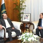 President Asif Ali Zardari in a one-on-one meeting with Dr Badr Ahmed Mohamed Abdelatty, Minister for Foreign Affairs, Emigration and Expatriates of Egypt, at Aiwan-e-Sadr