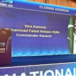 Vice Admiral Muhammad Faisal Abbasi HI (M), Commander Karachi, addresses the closing session of the International Maritime Conference 2025 during the PIMEC Exhibition at Expo Center Karachi