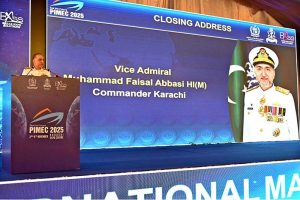 Vice Admiral Muhammad Faisal Abbasi HI (M), Commander Karachi, addresses the closing session of the International Maritime Conference 2025 during the PIMEC Exhibition at Expo Center Karachi