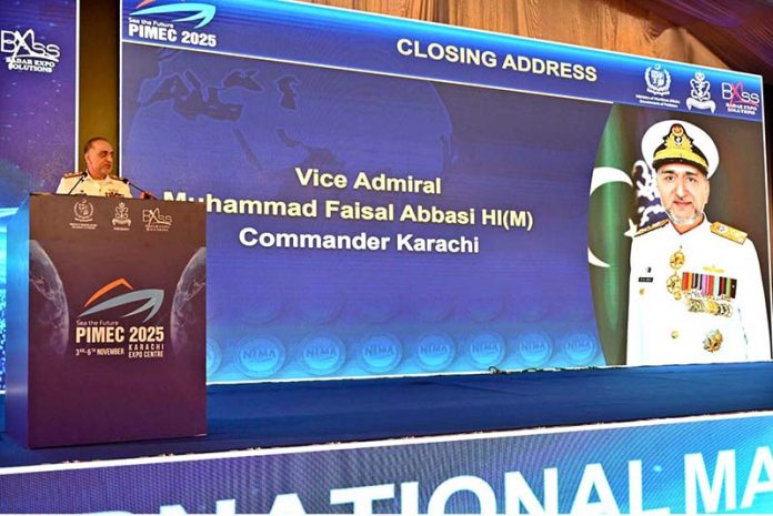 Vice Admiral Muhammad Faisal Abbasi HI (M), Commander Karachi, addresses the closing session of the International Maritime Conference 2025 during the PIMEC Exhibition at Expo Center Karachi