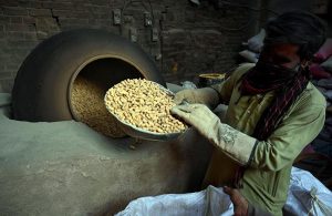 A worker roasts peanuts in a traditional oven for customers at his workplace in the provincial capital.