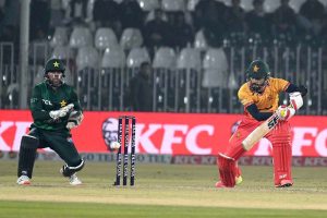 Zimbabwe batsman Tadiwanashe Marumani plays a shot during the Pakistan T20I Tri-Nation Series cricket match against Pakistan in Rawalpindi stadium