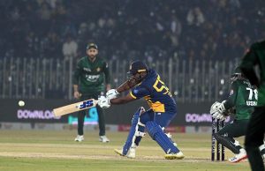 Sri Lankan batter Kusal Perera plays a shot during the T20I Tri-Nation Series match between Sri Lanka and Pakistan at Pindi Cricket Stadium