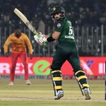 Pakistani batter Sahibzada Farhan plays a shot during the Pakistan T20I Tri-Nation Series cricket match between Zimbabwe and Pakistan at Pindi Cricket Stadium