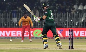 Pakistani batter Sahibzada Farhan plays a shot during the Pakistan T20I Tri-Nation Series cricket match between Zimbabwe and Pakistan at Pindi Cricket Stadium