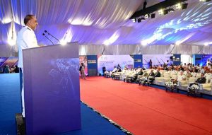 Vice Admiral Muhammad Faisal Abbasi HI (M), Commander Karachi, addresses the closing session of the International Maritime Conference 2025 during the PIMEC Exhibition at Expo Center Karachi
