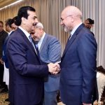 Acting President Syed Yousuf Raza Gilani shaking hands with H.E. Dr. Mohammad Bagher Ghalibaf, Speaker of the Islamic Consultative Assembly of Iran at Aiwan-e-Sadr