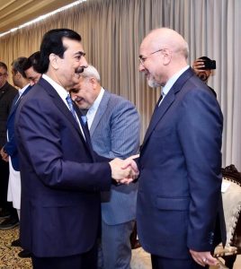 Acting President Syed Yousuf Raza Gilani shaking hands with H.E. Dr. Mohammad Bagher Ghalibaf, Speaker of the Islamic Consultative Assembly of Iran at Aiwan-e-Sadr